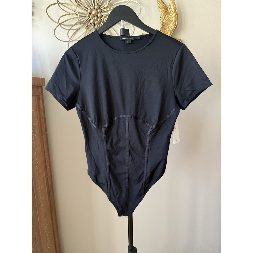 Good American Weightless Corset Bodysuit L Black Sculpting Boned NWT $108